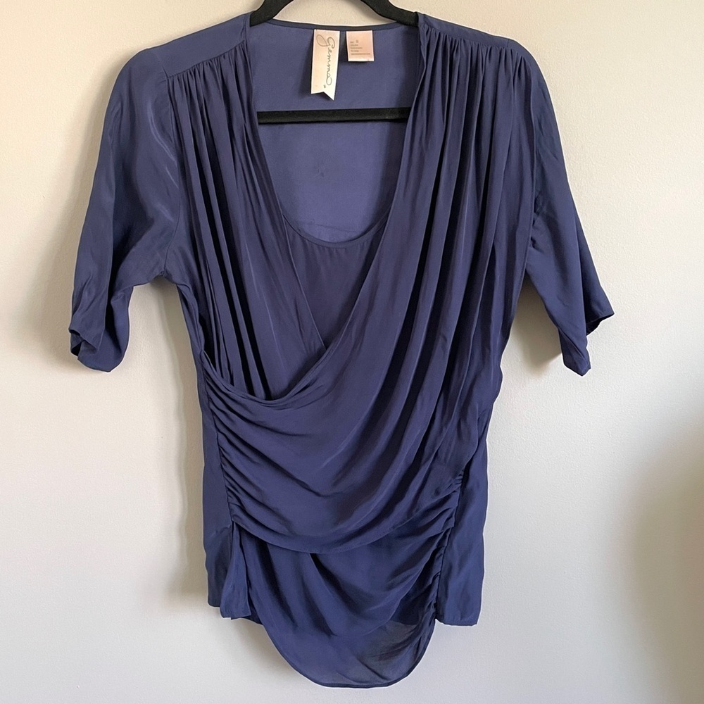 Blue Crisscross Drape Front Short Sleeve Silk Blouse - S - Picture 8 of 9